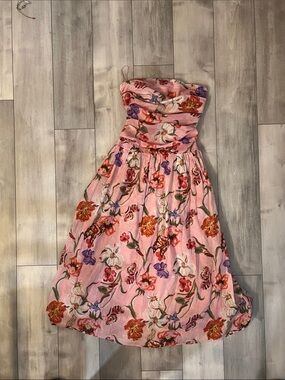 Pink Floral Strapless Midi Dress